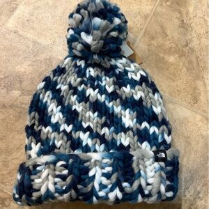 The North Face Marled Chunky Pom Beanie in Blue, White, Gray